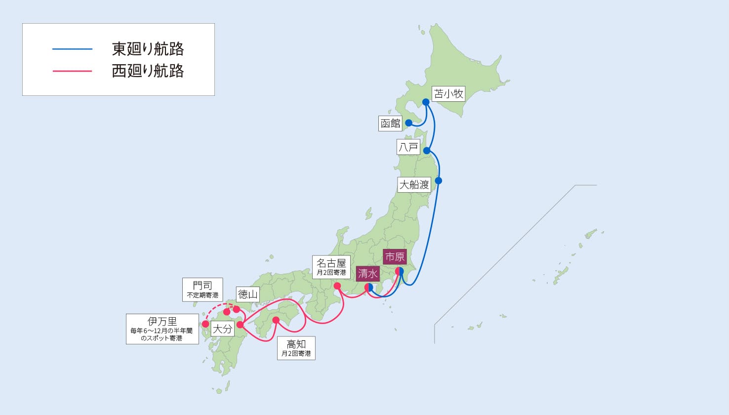 北海道から九州に至る、If-Japan.のコンテナ船輸送網